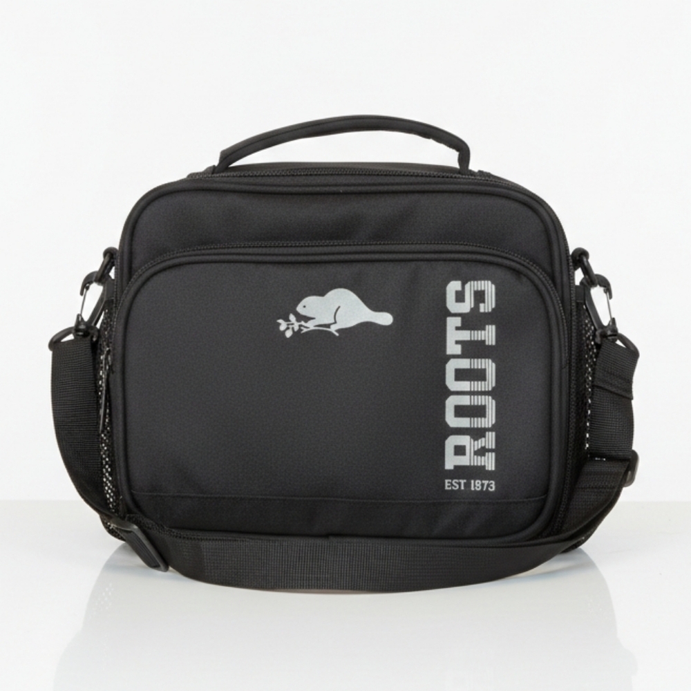 Roots Insulated Lunch Bag Black Recycled Fabric Dual Compartment Shoulder Strap